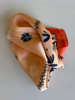 Coral & Navy Floral Print Silk Square Scarf