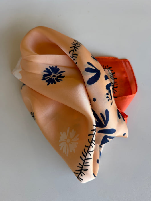 Coral & Navy Floral Print Silk Square Scarf