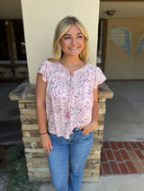 Dusty Rose Floral Design Flutter Cap Sleeve Button Down Top by Lovestitch