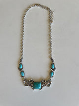 Turquoise Stones & Feather Design Vintage Silver Chain Necklace w/Extender