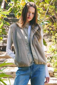 Olive Soft Thermal & Fleece Button Up Vest w/Pockets