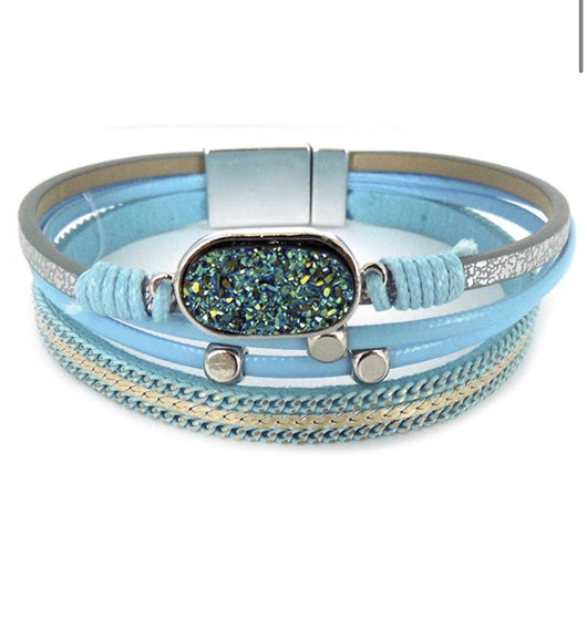 Blue Stone Layered Silver Magnetic Closure Cuff Bracelet