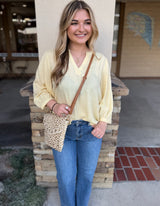 Yellow V-Neck Loose 3/4 Sleeve Top