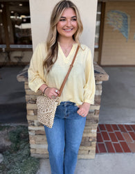 Yellow V-Neck Loose 3/4 Sleeve Top