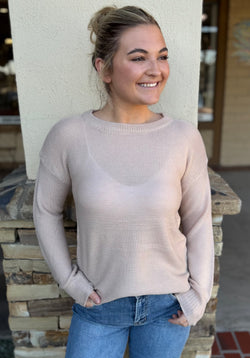 Beige Boyfriend Fit Waffle Texture Sweater Top w/Ribbed Cuff