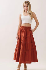 Terracotta Ruffle Tiered Elastic Tie Waistband Midi Skirt w/Pockets