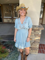 Austin Seafoam V-Neck Dress w/Taupe Embroidery Detail, Smocked Waist and Tie Back by Lovestitch