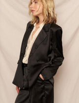 Jetsetter Black Satin Blazer & Wide Leg Pant Suit w/Pockets and Buttons