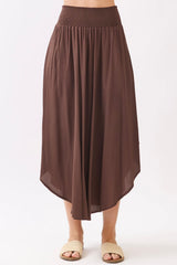 Chocolate Flowy Midi Skirt w/Pockets and Smocked Waistband