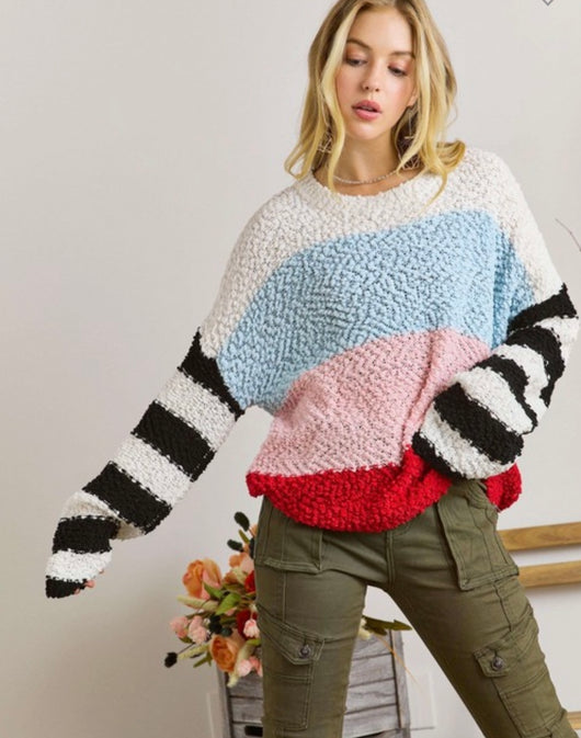Sky Blue Multi Colorblock Popcorn Knit Sweater