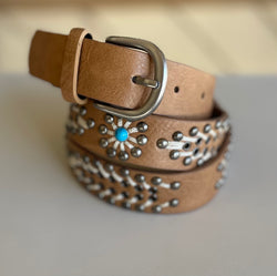 Starburst Tan & Turquoise Stone and Weaved Belt
