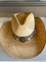 Natural Raffia Cowgirl Hat w/Pink & Teal Embroidery Band by CC Brand - Size S/M
