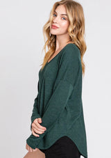 Hunter Green Thermal V-Neck Long Sleeve Top