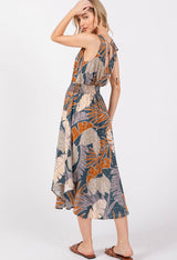 Slate & Rust Leaf Print Tank Midi Dress w/Smocked Waist, Back Tie & Pockets