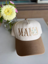Mama Floral Cream & Tan Trucker Hat w/Adjustable Snap Closure