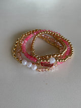 Hot & Light Pink w/Gold & Pearl Beaded Set of 5 Stretch Bracelets