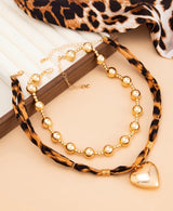 Gold Beaded & Leopard Scarf 2 Piece Heart Charm Necklace