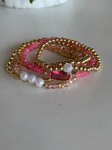 Hot & Light Pink w/Gold & Pearl Beaded Set of 5 Stretch Bracelets