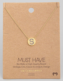 Rhinestone & 18K Gold Dipped Circle w/Initial “S” Necklace