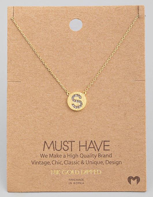 Rhinestone & 18K Gold Dipped Circle w/Initial “S” Necklace