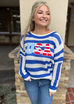 USA Blue & White Stripe Knit Sweater Top