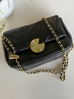 Black Quilt Design & Gold Circle Snap Closer Purse w/Gold Chain and Leather Strap