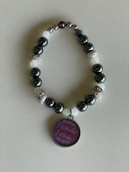 Friends Forever Charm w/Hematite & Silver Beads Handmade Beaded Bracelet