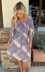 Blue & Pink Cottage Pattern 3/4 Sleeve Dress w/Smocked Bodice & Pockets