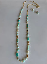 Teal & Gold Glass & Stone Beads Long Necklace and Earring Set