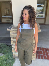 Olive Green Pant Overall w/Front Pocket, Side Pockets & Button Side Closure