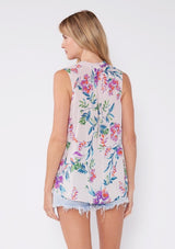 Vibrant Pink & Purple Floral Print Ruffle Trim Tank Top w/Half Button Neckline by Lovestitch