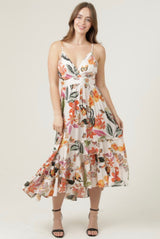 Tropical Print Ivory Hi-Low Midi Tank Dress w/Smocking & Adjustable Straps