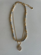 Gray Glass Bead & Gold Ball Layered Necklace w/Rhinestone Coin Pendant