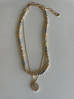 Gray Glass Bead & Gold Ball Layered Necklace w/Rhinestone Coin Pendant