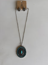 Antique Silver & Turquoise Concho Pendant Necklace and Earring Set