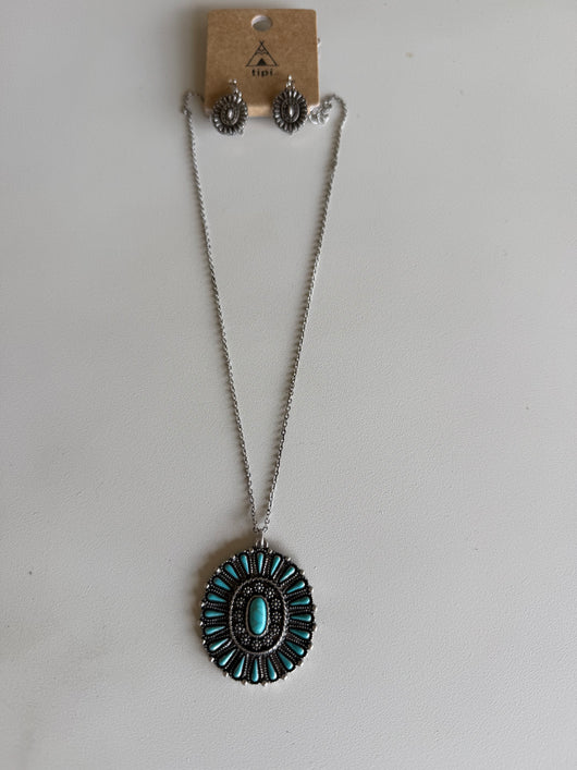 Antique Silver & Turquoise Concho Pendant Necklace and Earring Set