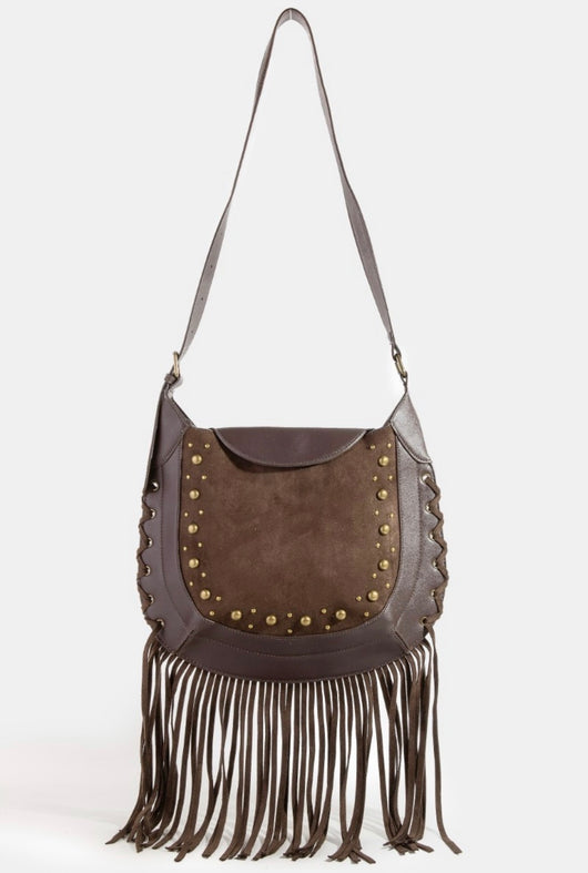 Dark Brown Suede & Rivet Fringe Saddleback Purse