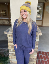 Navy Soft Brushed Hacci Long Sleeve Loungewear Sweater Top