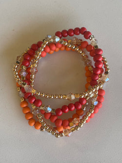 Red, Orange & Gold Set of 5 Stretch Beaded Bracelets