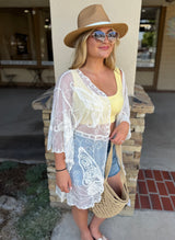 Ivory Lace Butterfly Design Sheer OS Kimono/Cover Up
