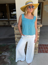 Off White Beachy Wide Leg Pants w/Elastic Tie Waist & Pockets