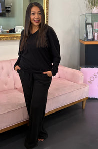 Black Ribbed Wide Leg Loungewear Pants w/Elastic Drawstring Waist