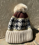 Cream, Brown & Gold Houndstooth Pattern Pom Pom Beanie w/Fold Over Cuff