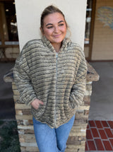 Teddy Soft Olive Tone Stripe Hoodie Zip Up Jacket w/Pockets