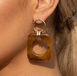 Brown Acrylic & Gold Circle Post Earrings
