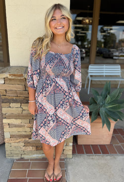 Blue & Pink Cottage Pattern 3/4 Sleeve Dress w/Smocked Bodice & Pockets