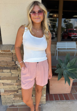 Soft Pink Linen Classic Shorts w/Pockets, Elastic Waist & Button