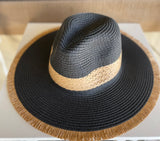 Black Straw Sun Hat w/Tan Band & Frayed Edge