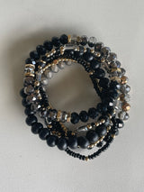Black, Gray & Gold Glass and Beaded Set of 6 Stretch Bracelets