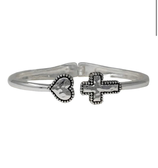 Love & Hope Antique Silver Heart & Cross Cuff Bracelet